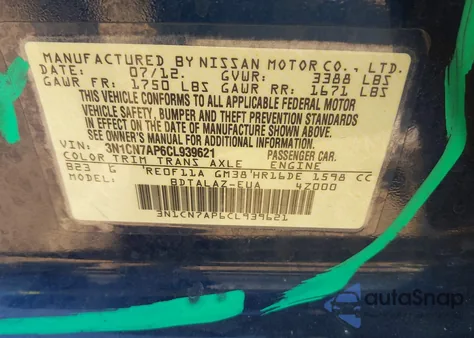 2012 Nissan Versa 1.6 S from USA, damaged, VIN 3N1CN7AP6CL939621